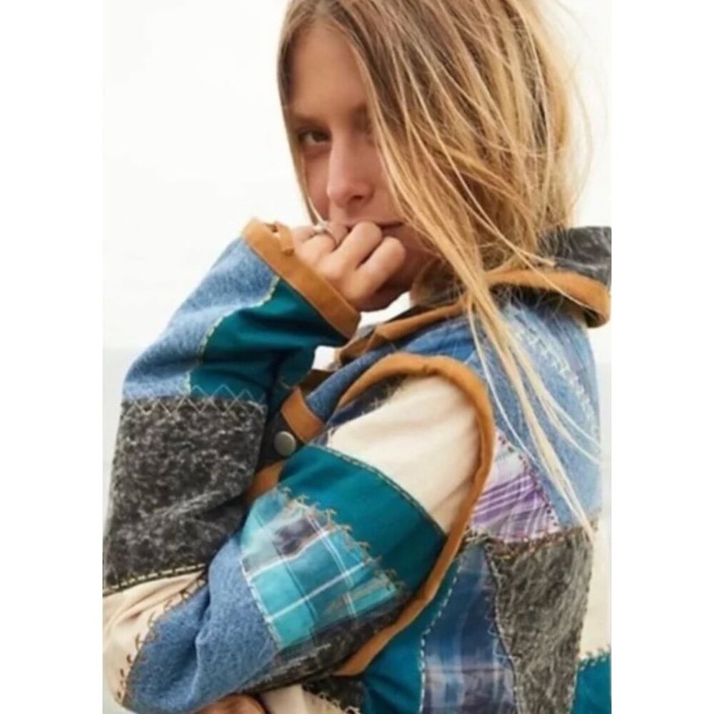 NEW Free People Leia Denim Suede Patched Moto Jacket Size XS $748 [jb] - Picture 5 of 10